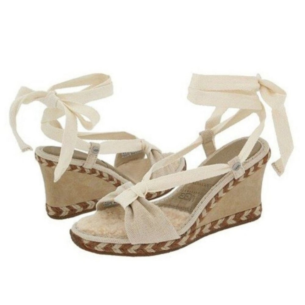 UGG Amelia Suede Wedge Canvas Tie Ankle Sandals 9